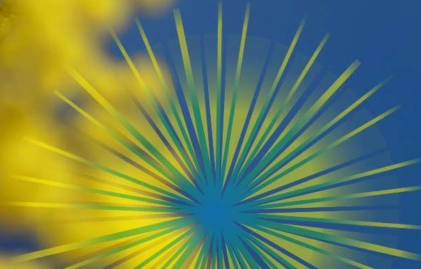 Stralende mimosa bloesem en logo Mimosa op een blauwe lucht.
